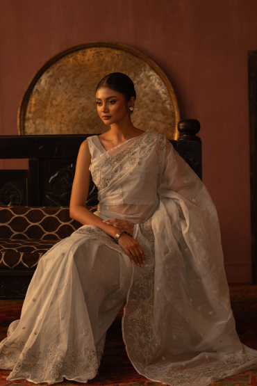Half Silk Embroidered Floral Sari